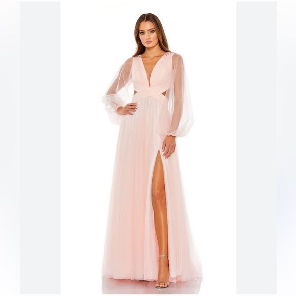 Mac Duggal blush Tulle Sheer Long Sleeve Cut Out Lace Up A Line Gown dress NWT 4 - Picture 4 of 16